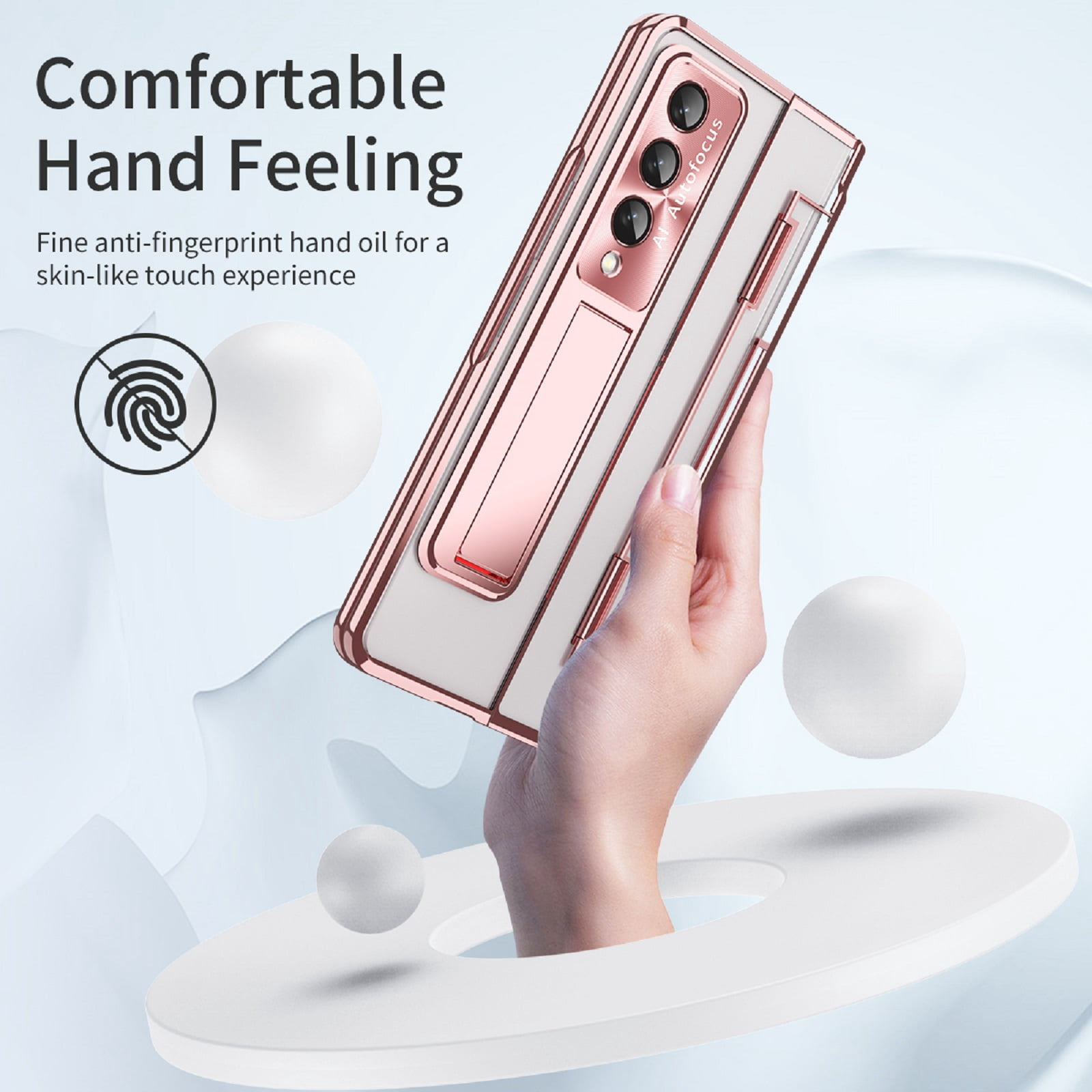 ELEHOLD for Samsung Galaxy Z Fold 4 Leveling Hinge Folding Case, HD Transparent Plating Frame Wireless Charging Hidden Kickstand 360° Full Protection Anti-Drop Shockproof Case for ZFold 4,Rosegold
