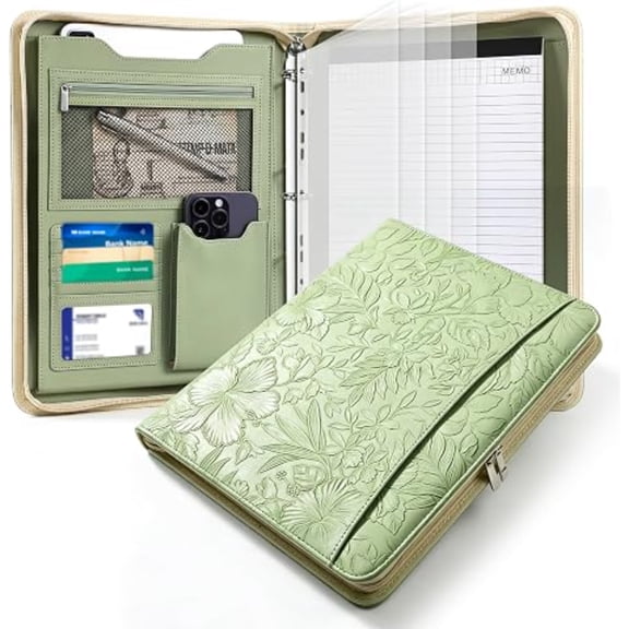 Embossed Floral PU Leather A4 Zippered Portfolio Organizer, 3 Ring Binder Business Padfolio with Writing Notepad, fits A4 Document and 9.7" Tablet, Professional Pad Case for Office Meeting