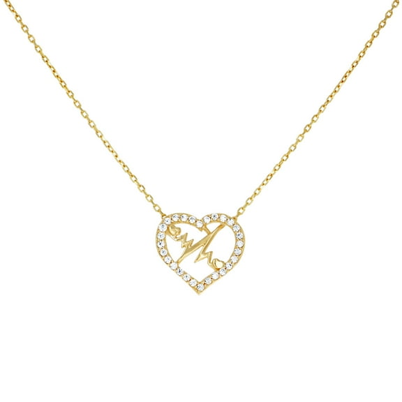 10k Yellow Gold Womens Cubic Zirconia Heartbeat Heart Love Charm Necklace 18 Inch 12.5x13.3mm Wide Pendant Necklace for