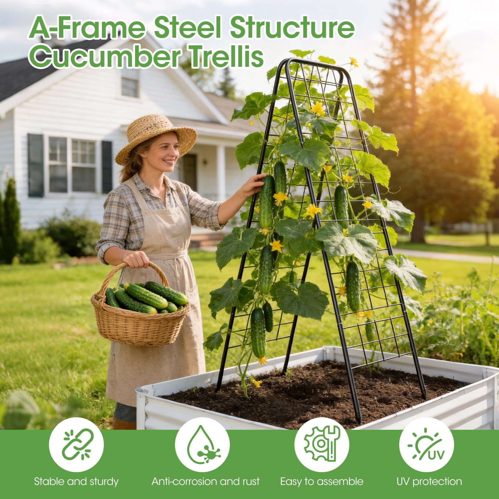 Metal Trellis Heavy Duty 50.4"x17", Adjustable A-Frame Garden Trellis for Climbing Plants, Black Rust-Proof Metal Cucumber Trellis with Dense Grid Design for Raised Beds, Tomatoes, Outdoor Vines 1 Pc