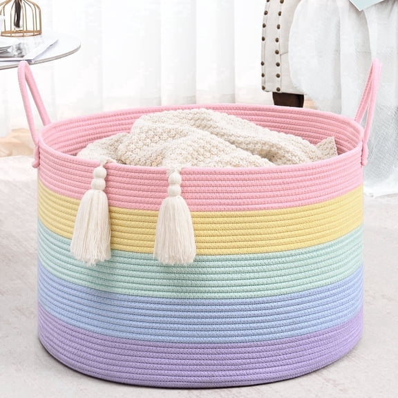 Natubeau 65L Large Cotton Rope Storage Basket, Soft Rainbow Decorative Basket for Living Room & Nursery, Foldable Laundry & Toy Organizer, 20"x20"x13"