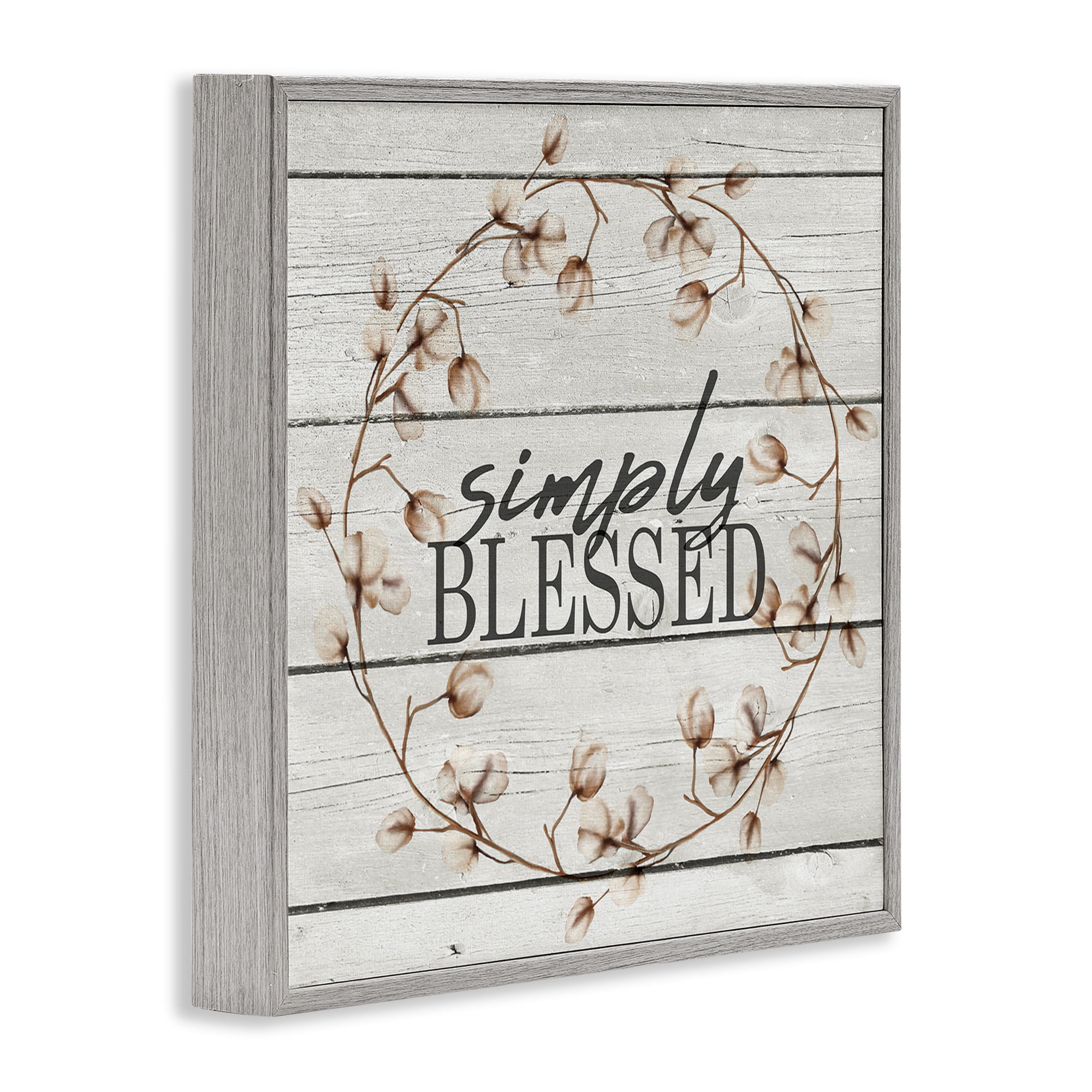 Stupell Industries Simply Blessed Rustic Wreath Botanical & Floral Painting Gray Framed Art Print Wall Art, 12 x 12
