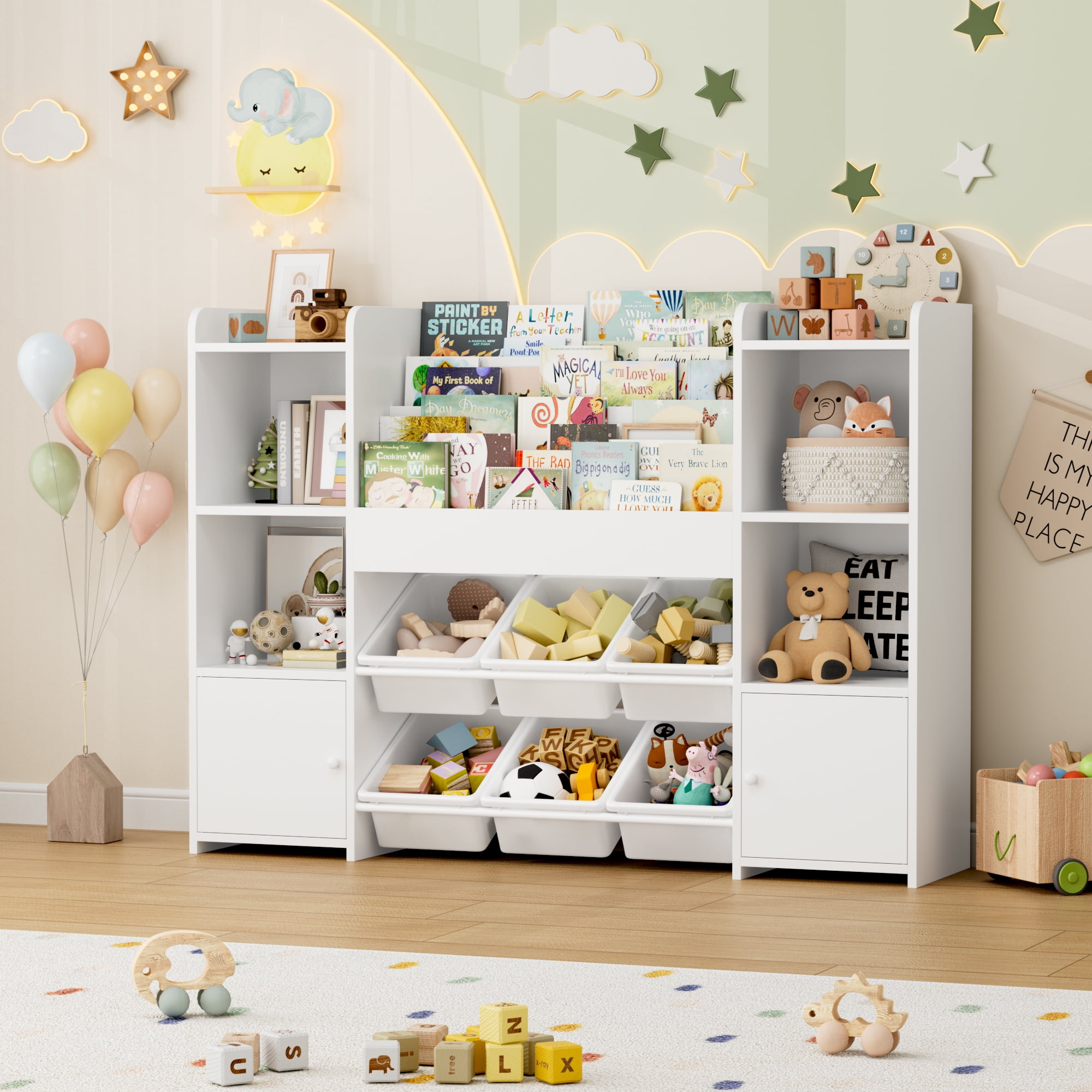 Hiphuta Kids Bookcase Toy Storage Organizer, Wooden Toy Chest for Kids with 6 Removable Toy Boxes, Kids Storage Bookshelf for Home Bedroom Playroom, White