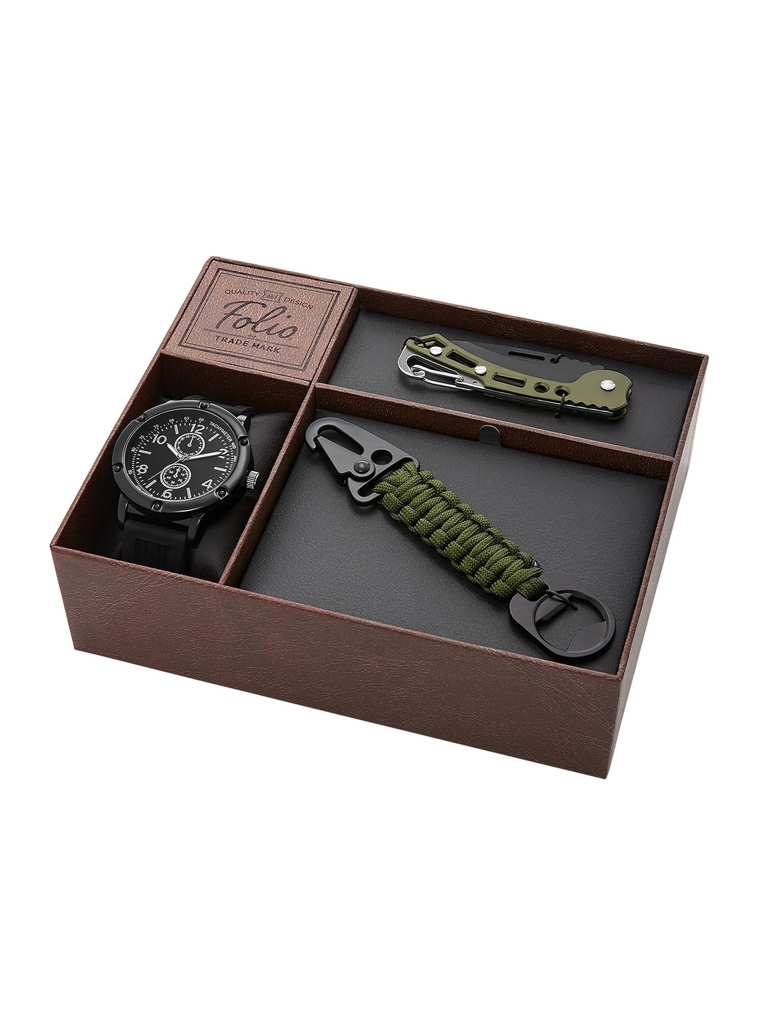 Folio Men's Matte Black Round Analog Watch with Black Silicone Strap, Green Braided Rope Bracelet and Green Multi-tool Gift Set (FMDAL1145) - image 2 of 3