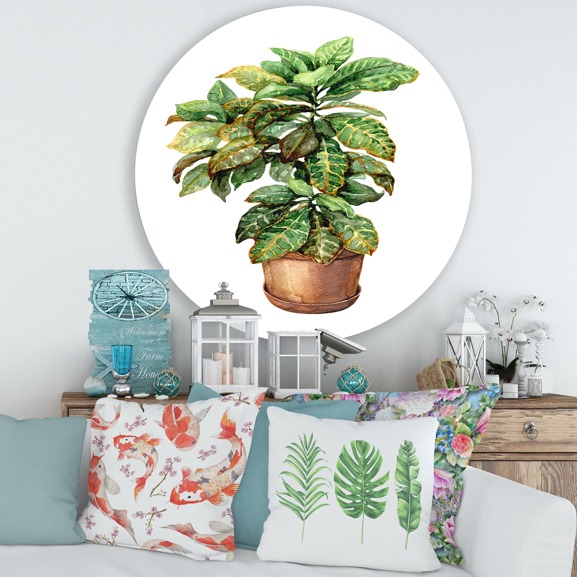 Designart 'Green Croton In Clay Flowerpot' Traditional Circle Metal Wall Art 29x29 - Disc of 29