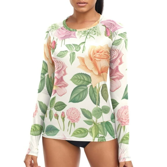 joogoo Womens UPF 50  Rash Guard Botanical Rose Flower Long Sleeve UV Protection Sun Shirts Tops S