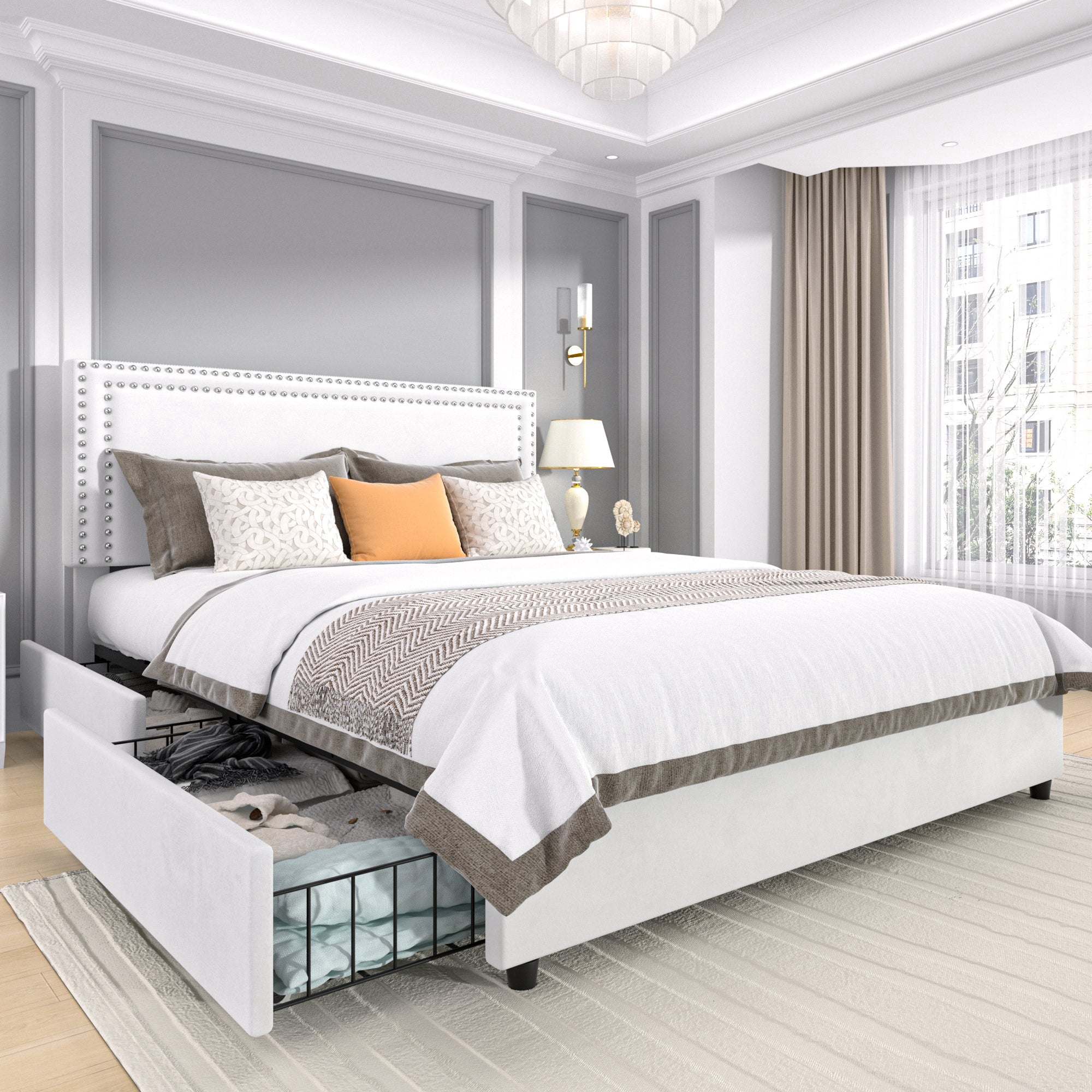 Velvet Upholstered King Bed Frame with 4 Storage Drawers Adjustable Headboard Rivet Trim No Box Spring Needed