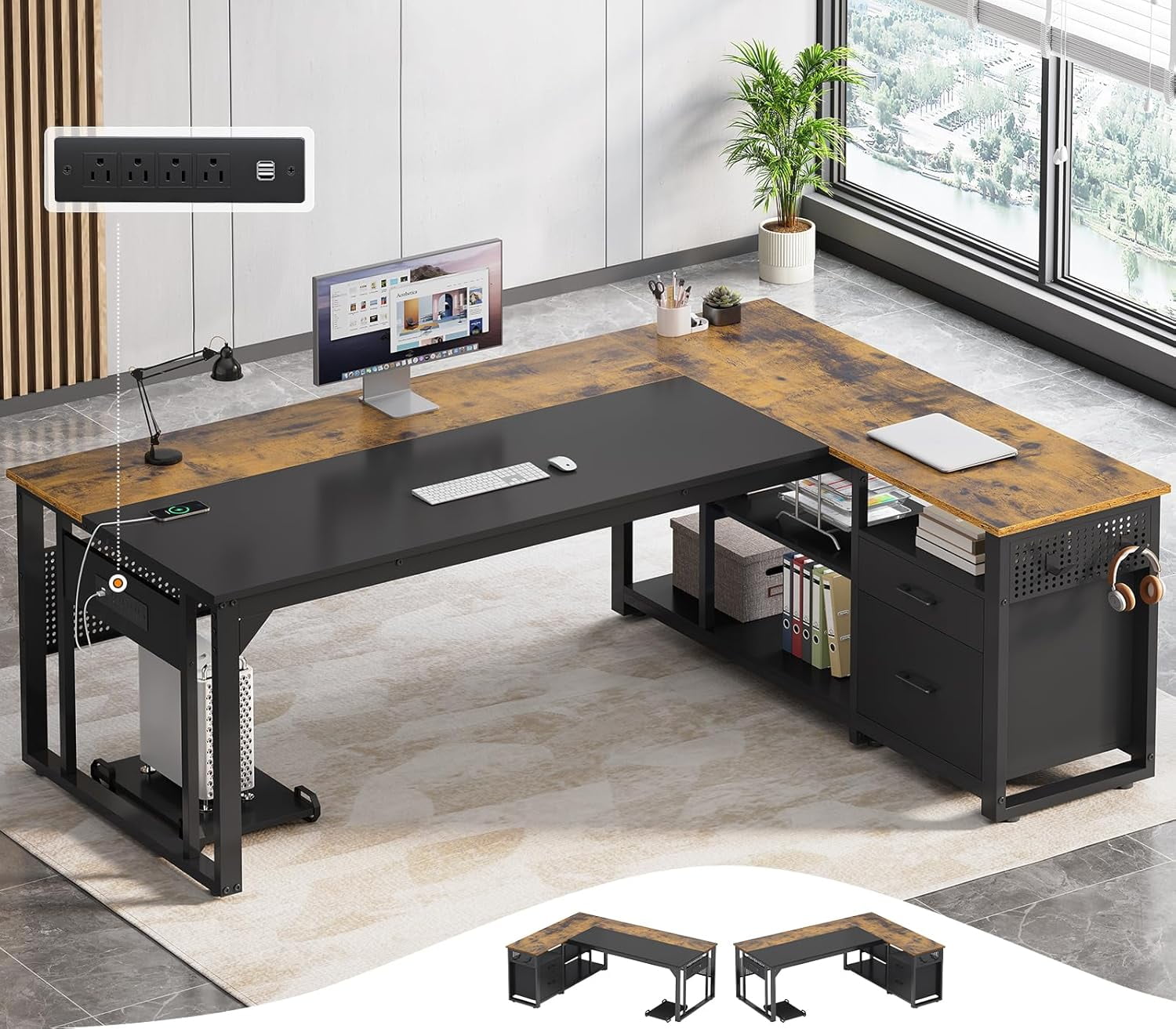 71 in Executive Desk with Power Outlets, Large Office Desk Computer Desk with Pegboard,Reversible L Shaped Desk with File Drawers & Storage Shelves,  Mobile CPU Stand