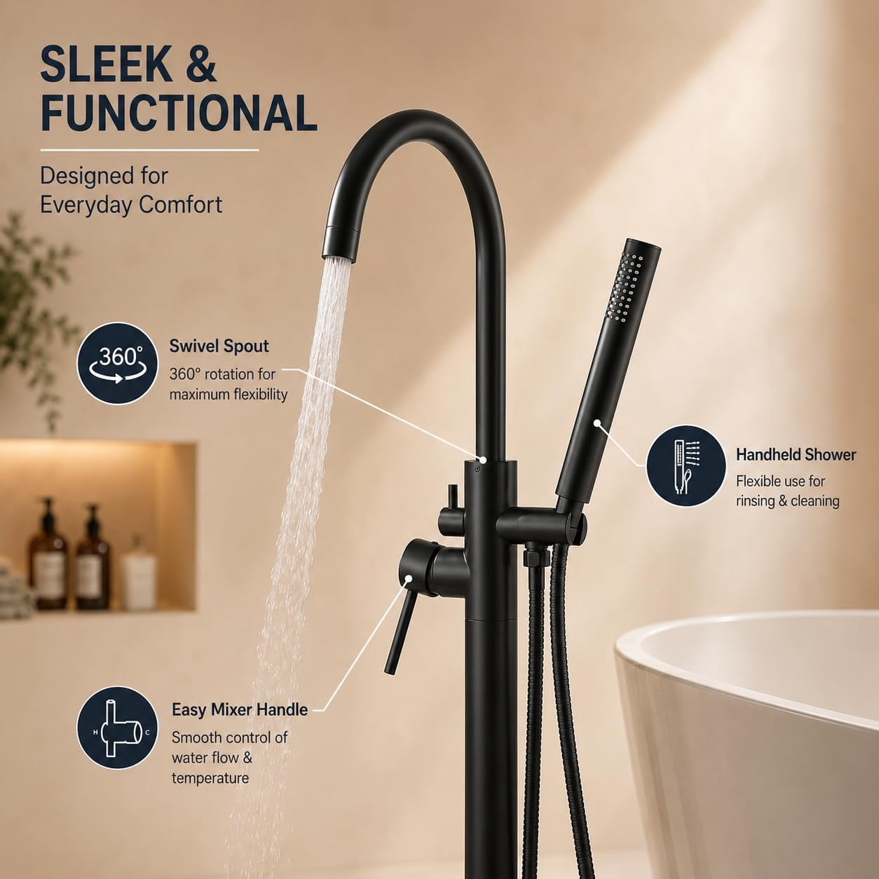 Nygira Freestanding Bathtub Faucet with Handheld Shower, Floor Mount Tub Filler, Bathroom High Flow Solid Brass Construction, Matte Black