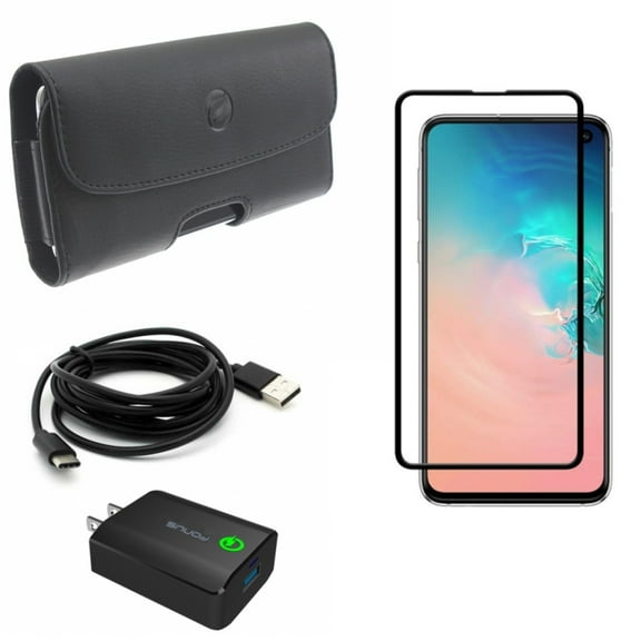 Galaxy S10e Screen Protector w Home Charger w Case Belt Clip - Tempered Glass 5D Curved Edge, 18W Fast 6ft USB Cable Type-C, Leather Holster Cover for Samsung Galaxy S10e Phone