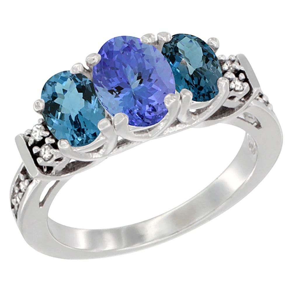 14K White Gold Natural Tanzanite & London Blue Ring 3-Stone Oval Diamond Accent, sizes 5-10 by WorldJewels
