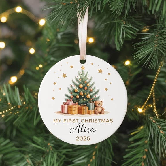 2025 First Christmas Personalized Bauble — Teddy Bear Motif, Ceramic Keepsake