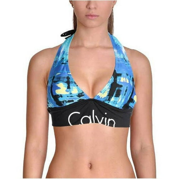 Calvin Klein CYAN MONET BLUE Logo Halter Bikini Swim Top, US Small