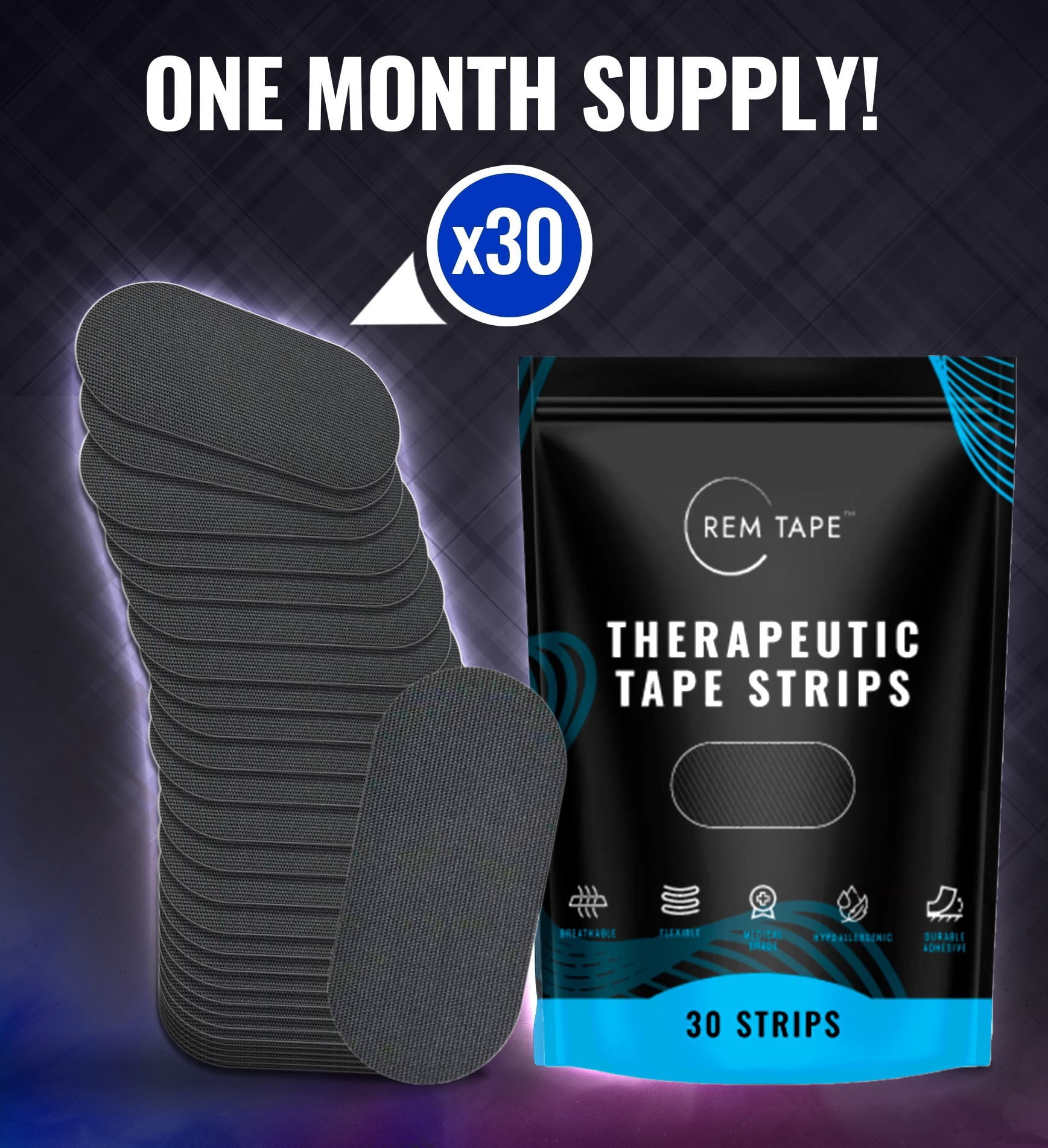 REM Tape™ (30 Strips) - Mouth Tape For Sleeping. Scent & Residue Free. Hypoallergenic & Gentle On Skin. Breathable & Stretchy. One Month Supply.