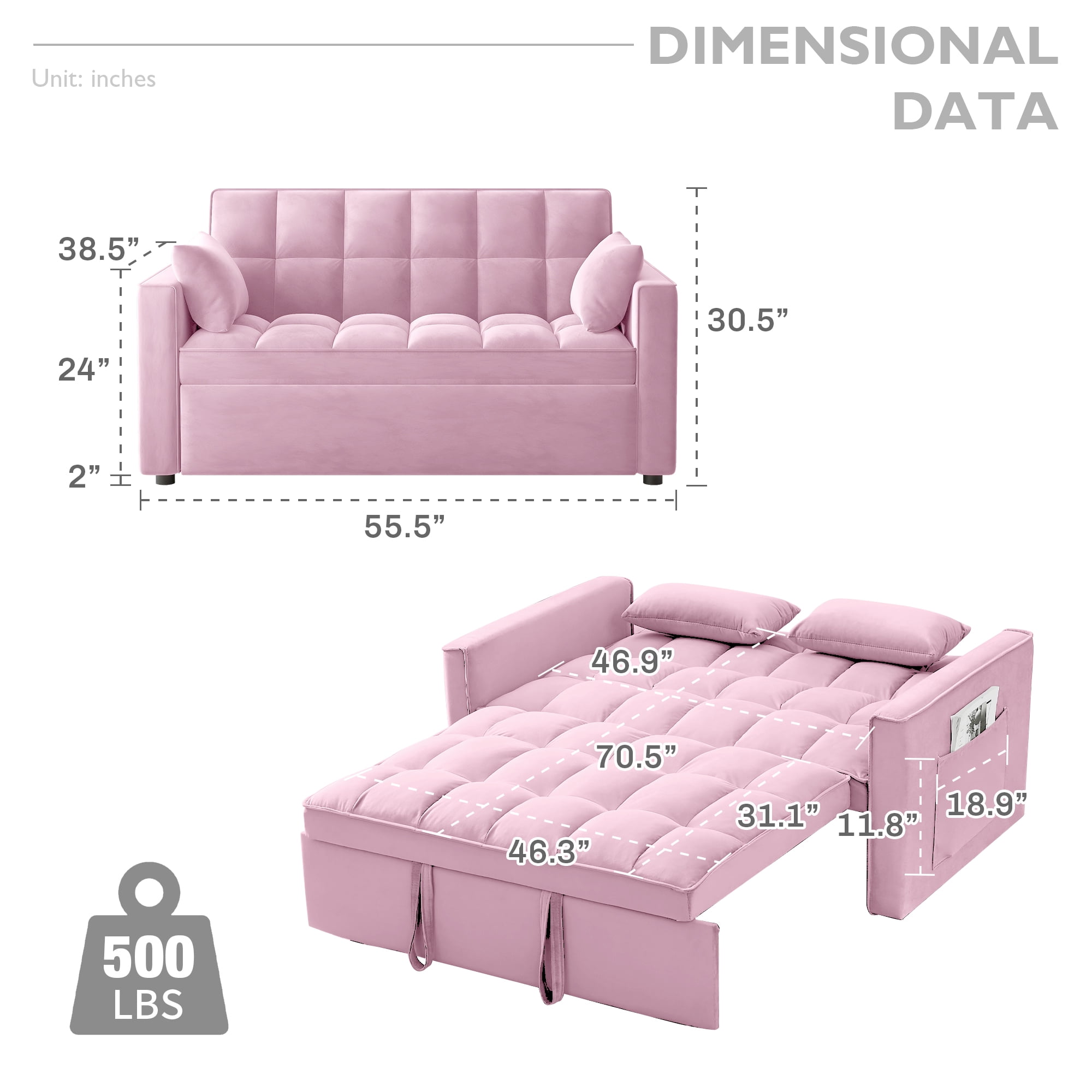 AENKYO Convertible Pull-Out Loveseat Sleeper Sofa Bed for Living Room, Modern Upholstered Futon in Pink