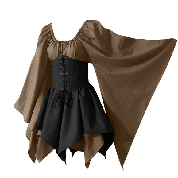 Womens Costumes Cosplay Irish Lace Up Croset Trumpet Sleeve Gothic Dress Medieval Renaissance Short Dress Plus Size