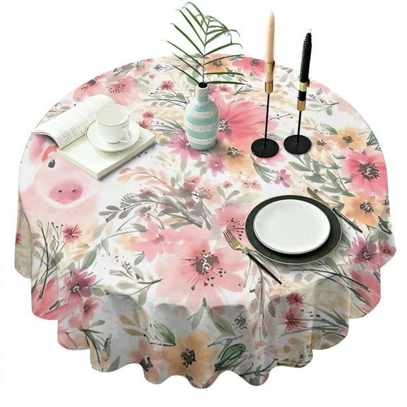 Pioneer Flower Floral Print Pattern Round Tablecloth 60"x60",Wrinkle Wipeable Table Cloth for Kitchen Dining Room Picnic Patio Party