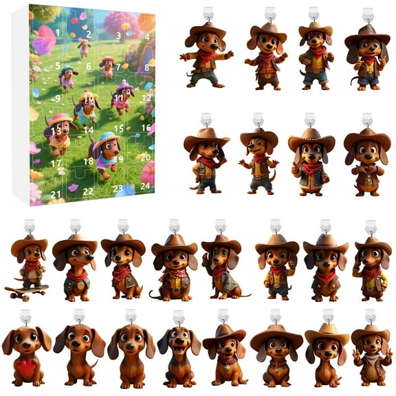 2D Sausage Dog Phone Charger Plug Advent Calendar Set with 24 Adorable Acrylic Collectible Pet Decorations for Countdown
