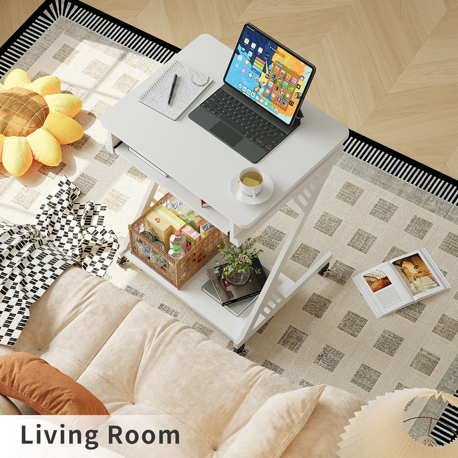 Zenira 2 Tiers Rolling Computer Desk with Keyboard Tray and Printer Shelf for Home Office, Mobile Computer Desk for Small Space, Retro Computer Table Compact PC Laptop Workstation, White