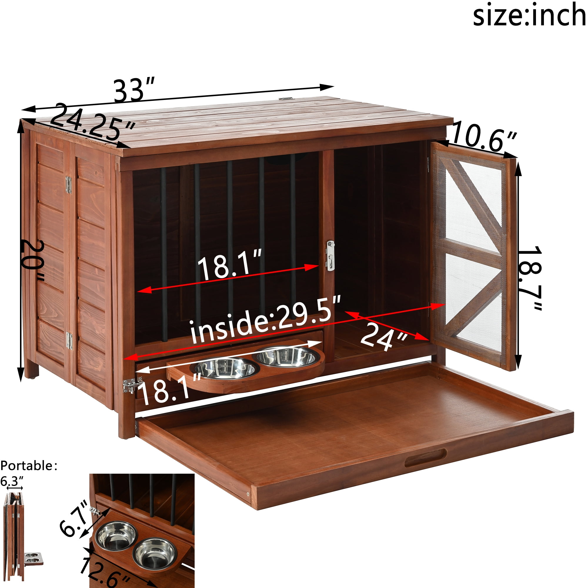 Euroco 33" Solid Wood Dog Crate Furniture, Foldable Indoor Kennel with 360° Rotating Feeder Multi-Functional End Table for Small & Medium Dogs, Portable Pet Cage with Removable Tray & Easy Assembly