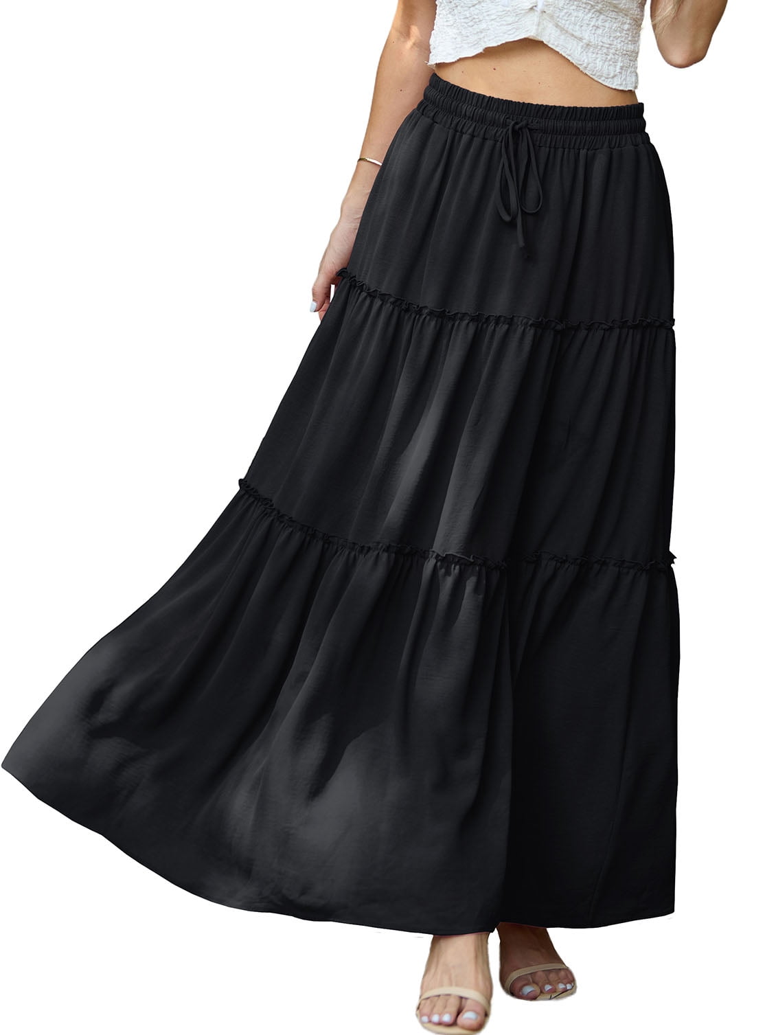 Womens Flowy Long Maxi Skirt Pleated Elastic High Waist Drawstring Tiered Skirts with Pockets