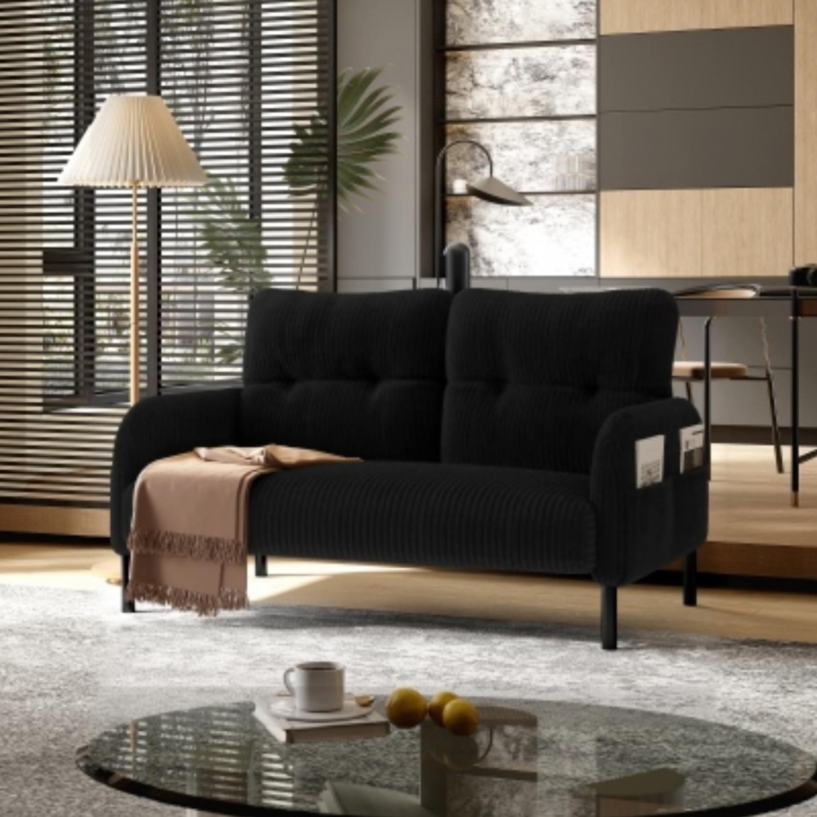 47" Small Loveseat Sofa Couch for Small Spaces,Corduroy Upholstered 2-Seater Love Seats for Apartment, Bedroom,Office,Black