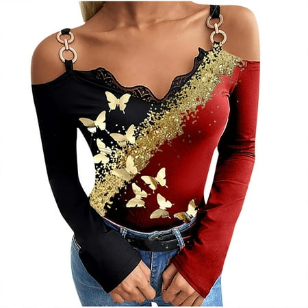 

Bospose Long Sleeve Shirt Women Butterfly Sweatshirt Corset Top Lace Top Red Blouse Women Love Print Trim Off Shoulder Chain Belt Shirts Tops Lady Casual Trim Shirt Chain Strap Top M