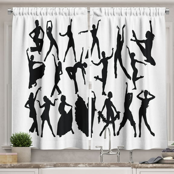 Ambesonne Black White Kitchen Curtains, Various Dance Performer, 55"x39", Black and White