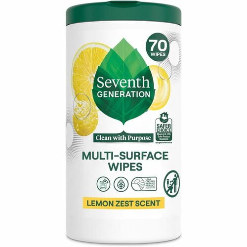 Seventh Generation Multipurpose Wipes, Lemon Zest Scent, Versatile, Bio-based, Clear, 70 Wipes/Tub (44998CT) | 2 Cartons (12 Total)