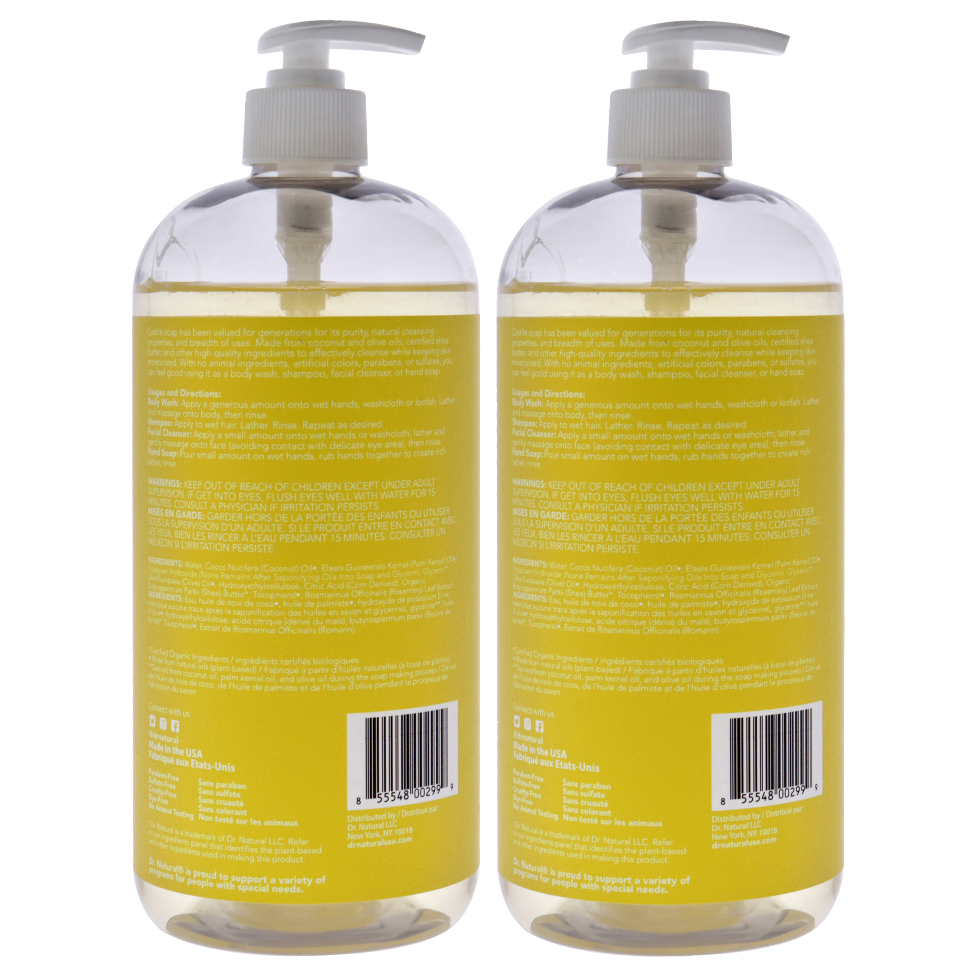 Dr. Natural Castile Liquid Soap, Bathroom Soap, Unscented, 32 oz, 2 pk