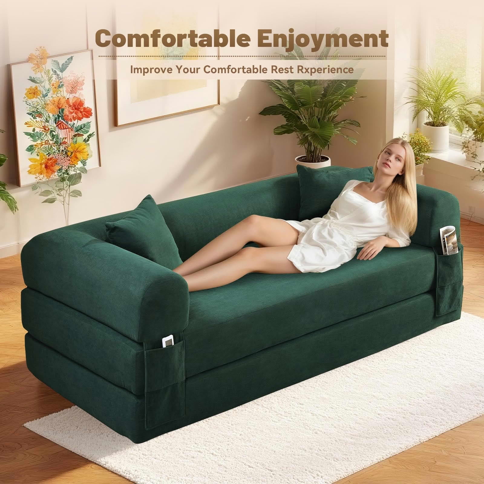 MAYEERTY 80" Dark Green Corduroy Convertible Sofa Bed, 600lbs Queen Size Fold Out Sleeper Couch with Storage & No Assembly for Living Room
