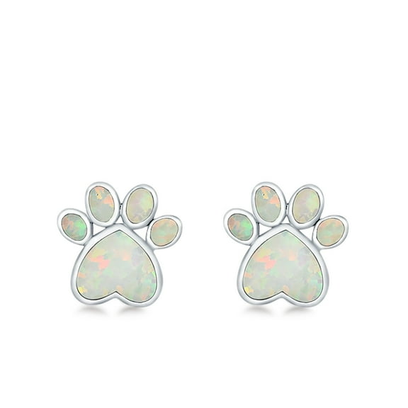 Paw Prints Stud Lab Created White Opal Earrings 925 Sterling Silver 10mm