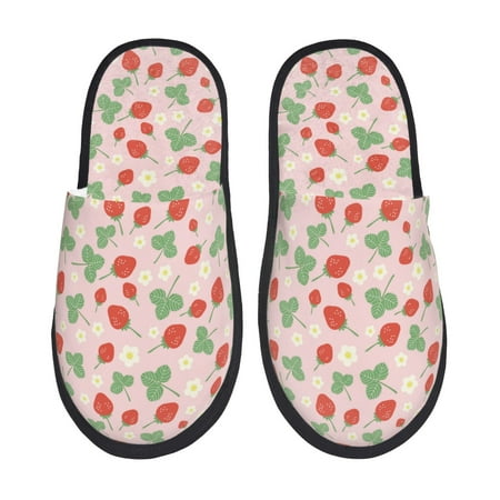 Balery Strawberry And Flowers Slient Indoor Furry Fleece Comfort House Shoes Soft Non-Slip Home Shoes Cotton slippers House Slippers-- Medium