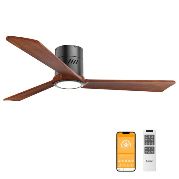 DAMINY Natural Solid Wood 52 inch Ceiling Fan with Light,3 Blades,6CCT,Black Low Profile Ceiling Fan with Light and Remote Control,APP Control,Flush Mount