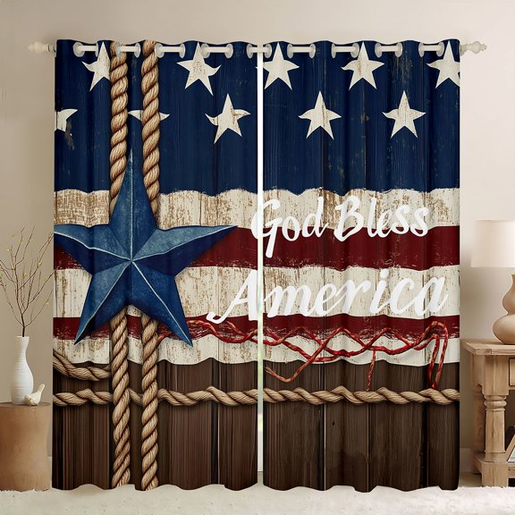 Manfei Rustic American Flag Star Kitchen Curtains, July 4th Black Out Curtains Pack of 2 (42x63 Each), Red White Blue