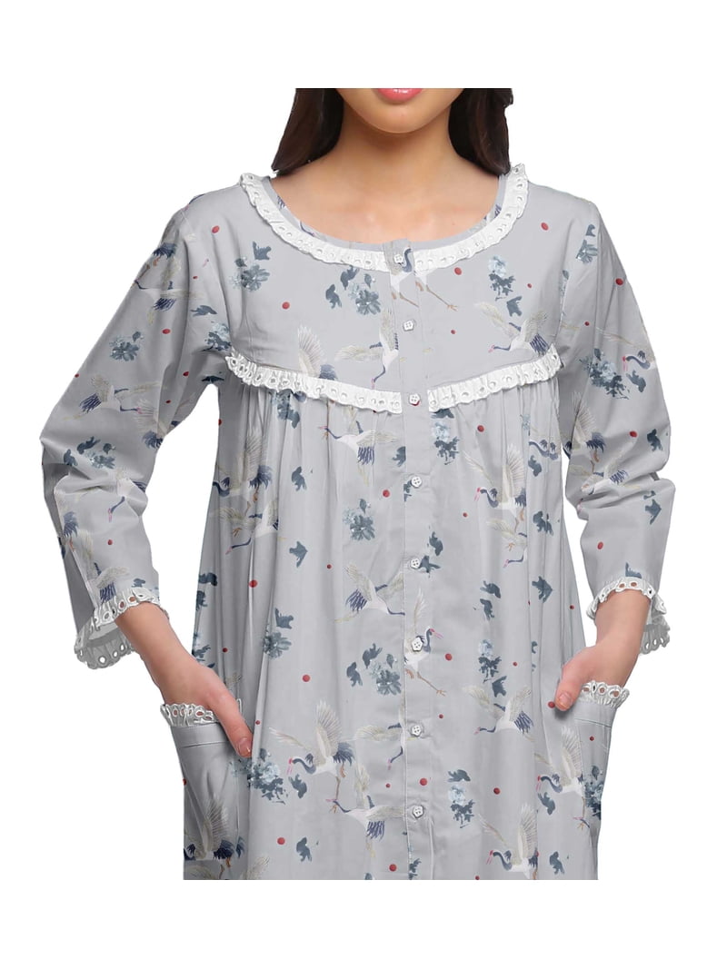 Moomaya Printed Knee Length Cotton Lace Border 3/4th Sleeve Night Gown For  Women - Walmart.com