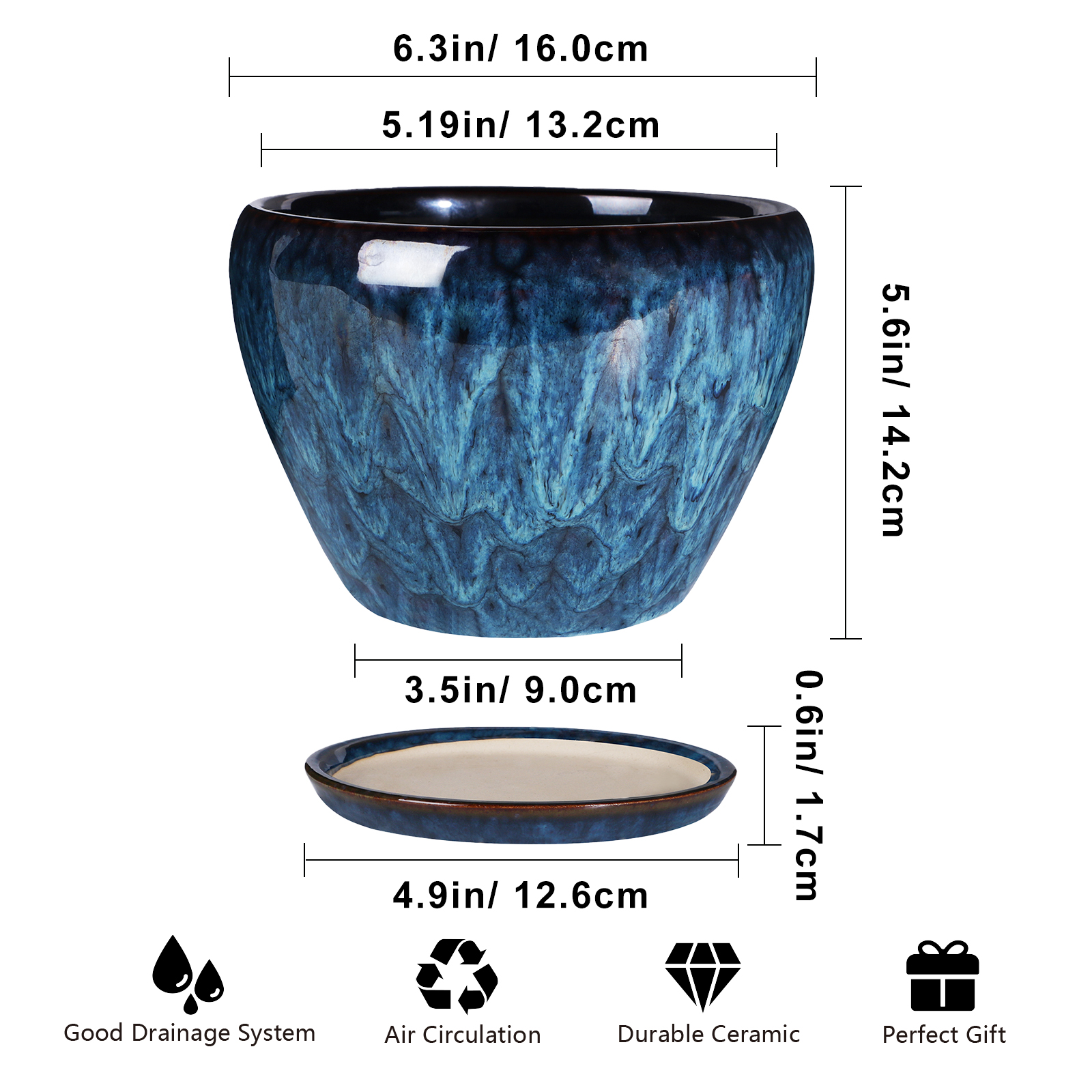 Ordivic 6in Blue Ceramic Planter Pot with Drainage Saucer photo 3