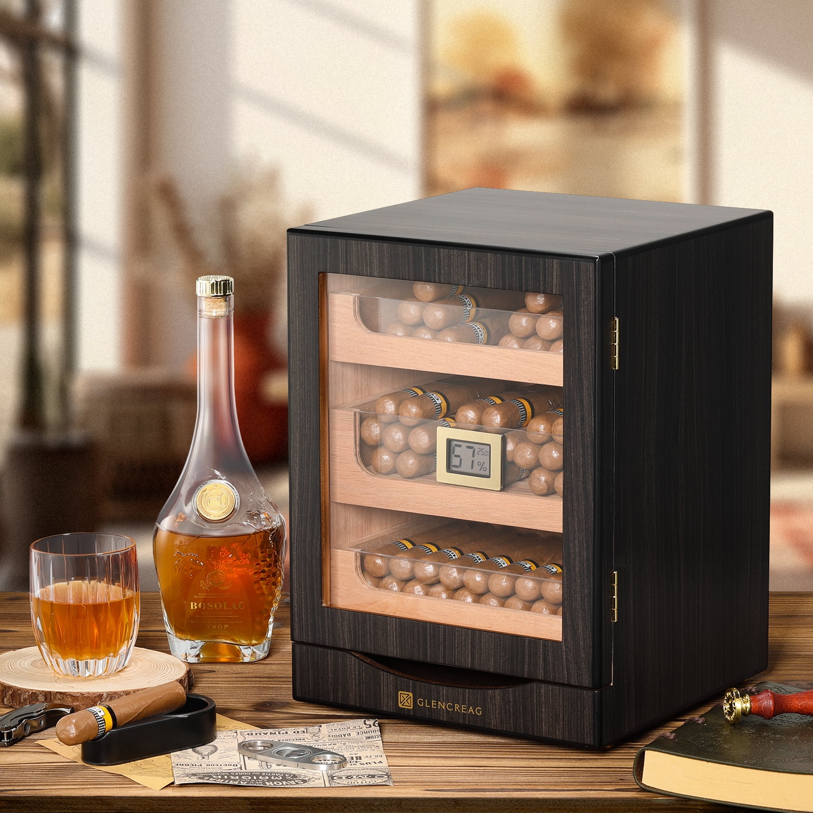GLENCREAG MET-1031 Cigar Humidor Cabinet for 150 Cigars with Spanish Cedar Lining, Tight-Seal Magnetic Door, 3+1 Large Capacity Drawers, Gift for Cigar Aficionado (Ebony)