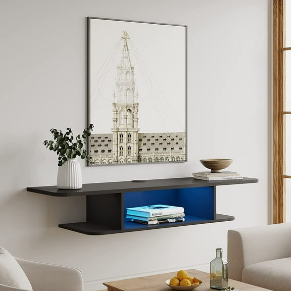 FITUEYES Floating TV Stand Wall Mounted, Blue Lights Floating Entertainment Center Under TV Shelf for Wall, Black