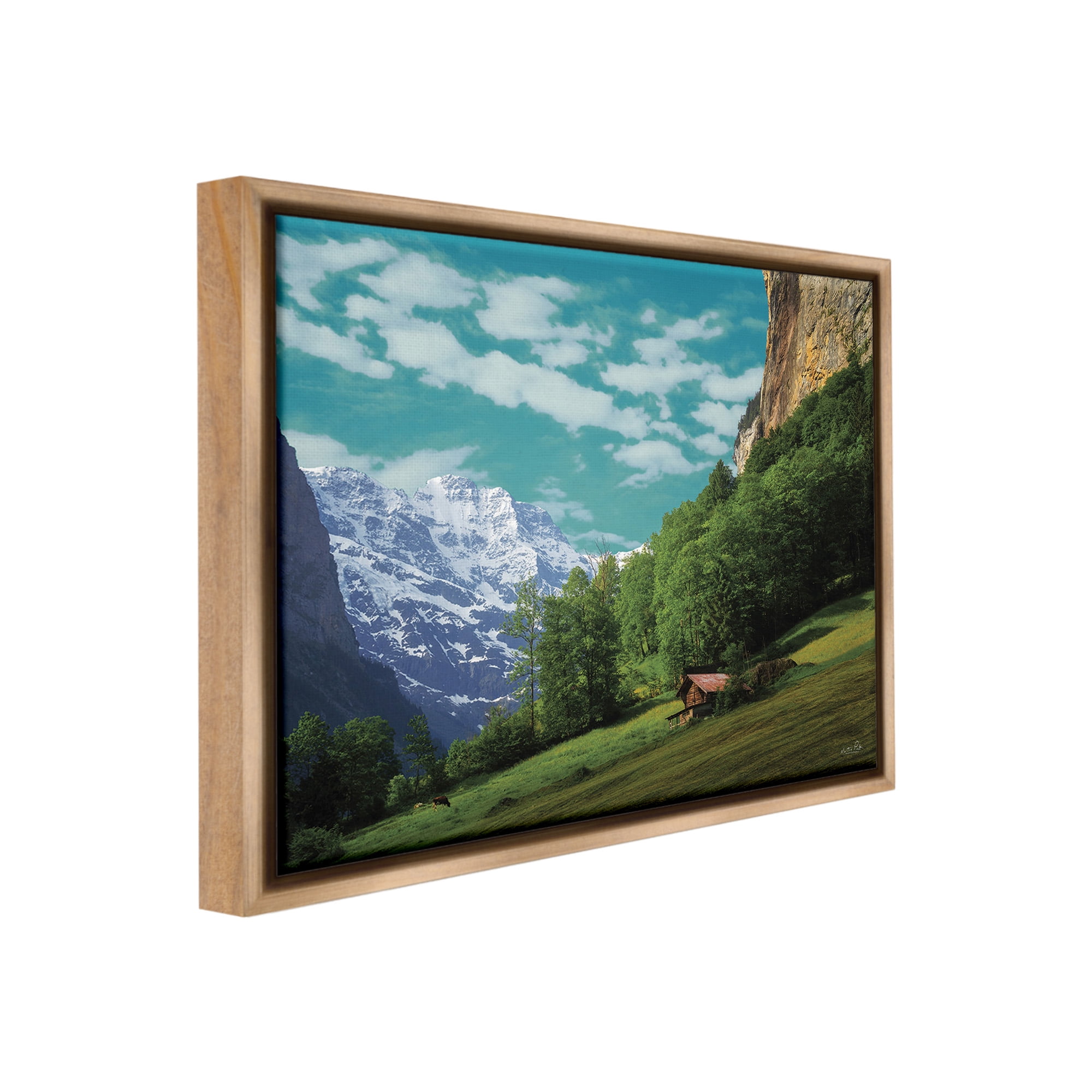 Stupell Industries Mountain Valley Cottage Landscape Photography Brown Floater Framed Canvas Art Print Wall Art, 31 x 25