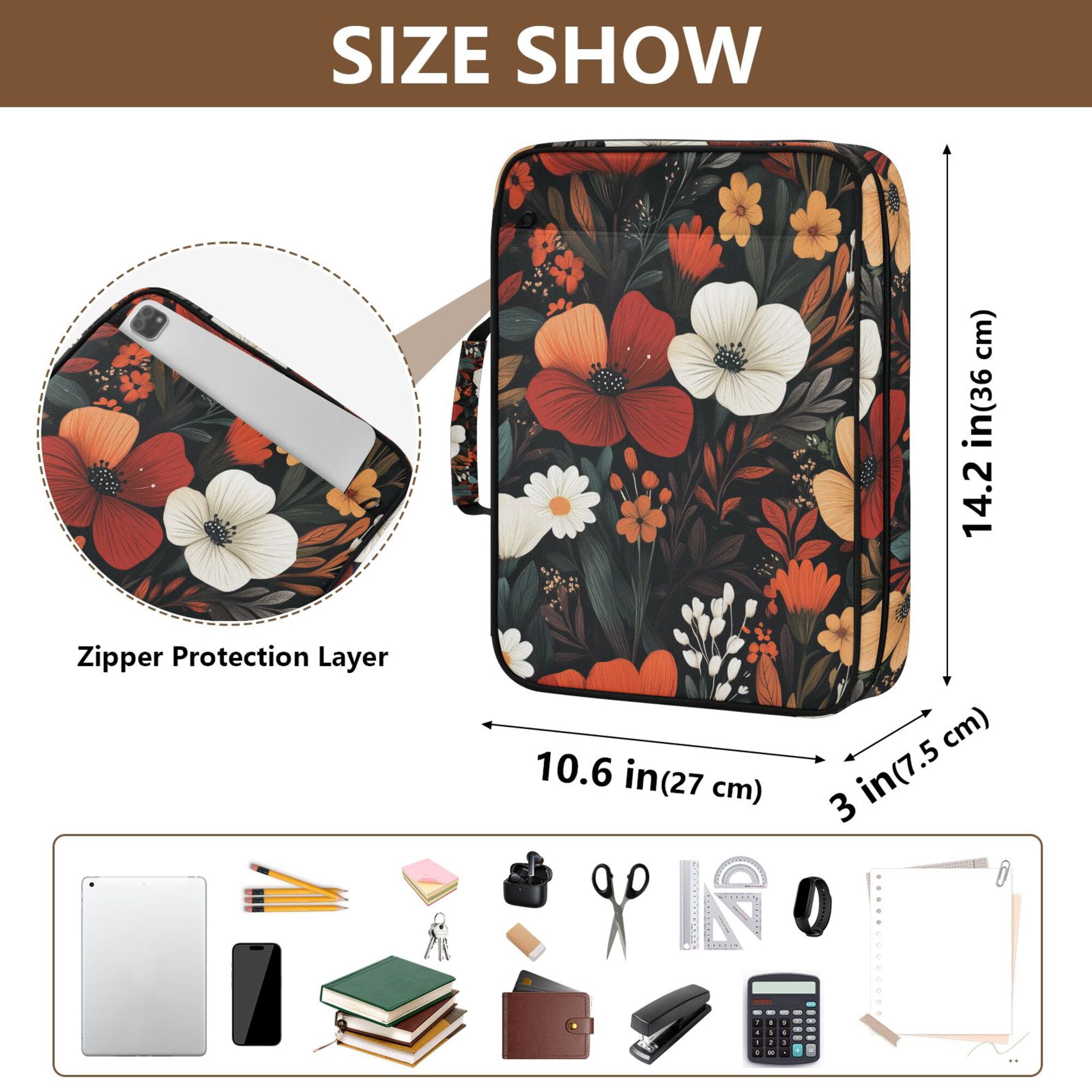 FORMRS Accordion File Folder A4 Size 7-Pocket Expanding Document Organizer Bag with 3 Ring Binder, Red Flowers Pattern