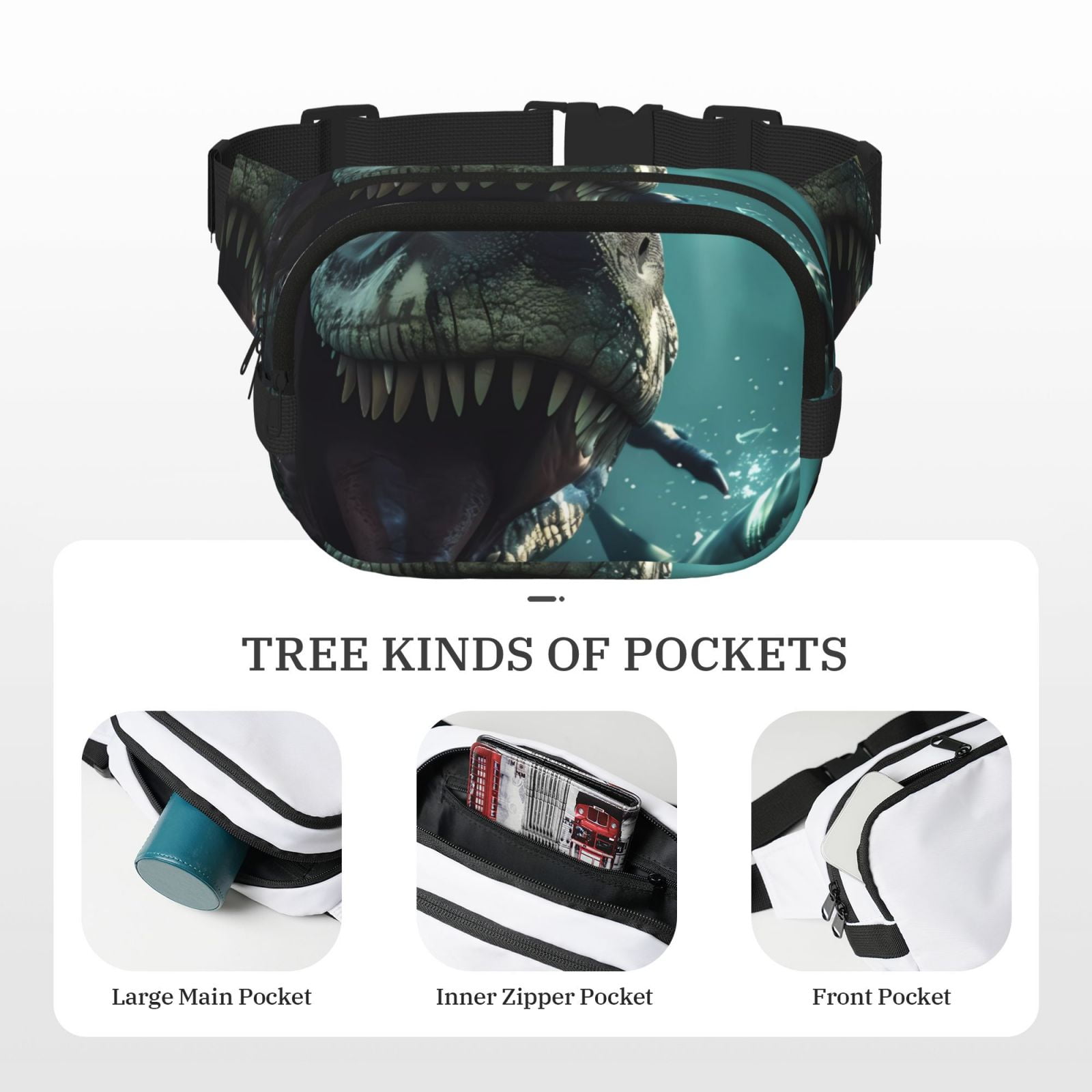 Picia Underwater Dinosaur Shark Print Square Double-Layer Waist Bag Mini Adjustable Waist Belt Bag Exercise Running Travel Hiking
