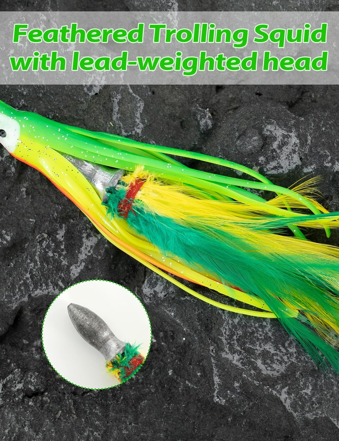 BLUEWING Tuna Feather Daisy Chain Squid Chain Fishing Teaser Lure with 4in Feathered Trolling Squids and Stainless Steel Trolling Hook Big Game Trolling Lure for Tuna Mahi Wahoo Marlin, Yellow/Green
