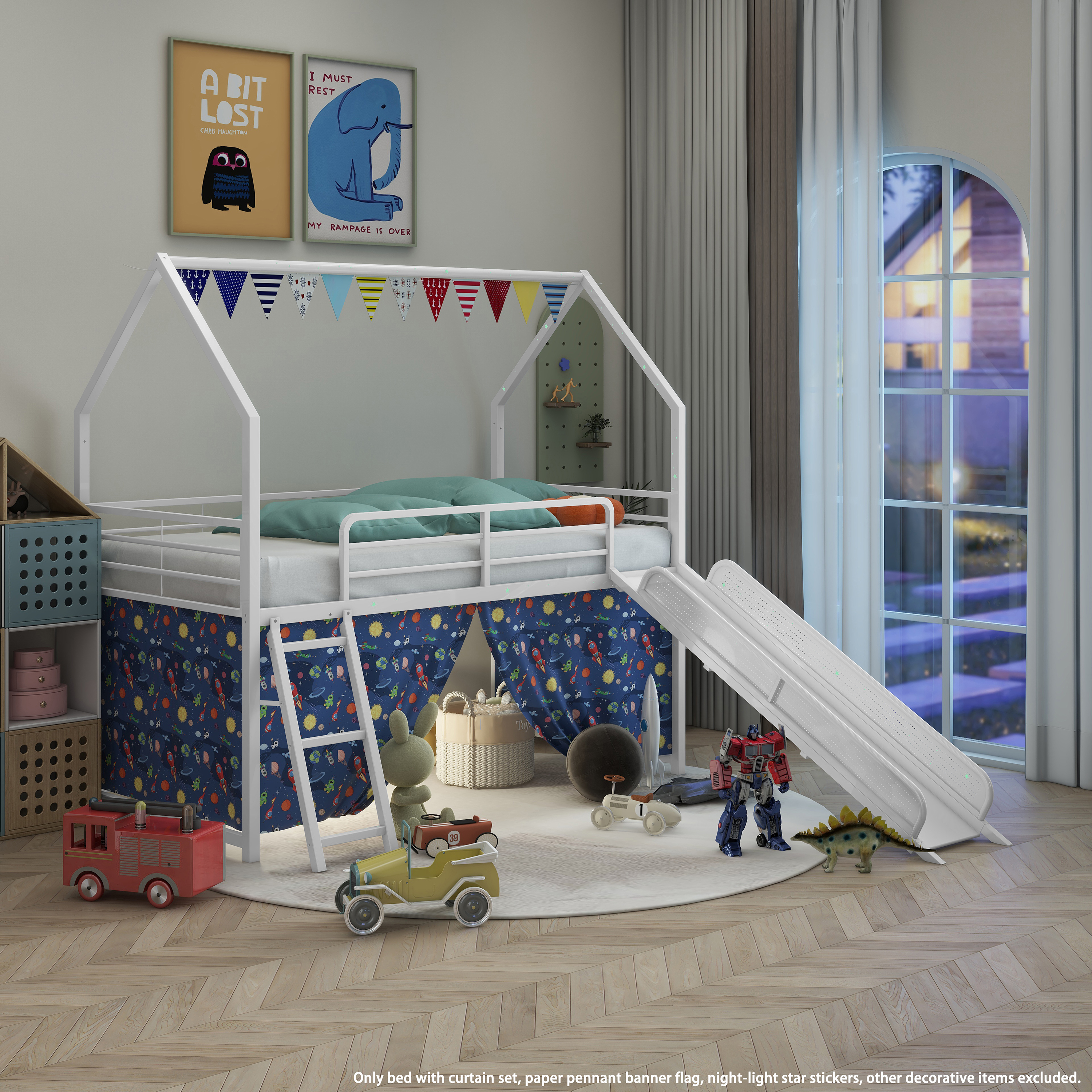 Miniyam Kids Twin Loft Bed with Slide and Curtain, House-Shaped Metal Frame Bunk with Guardrails, Ladder, White