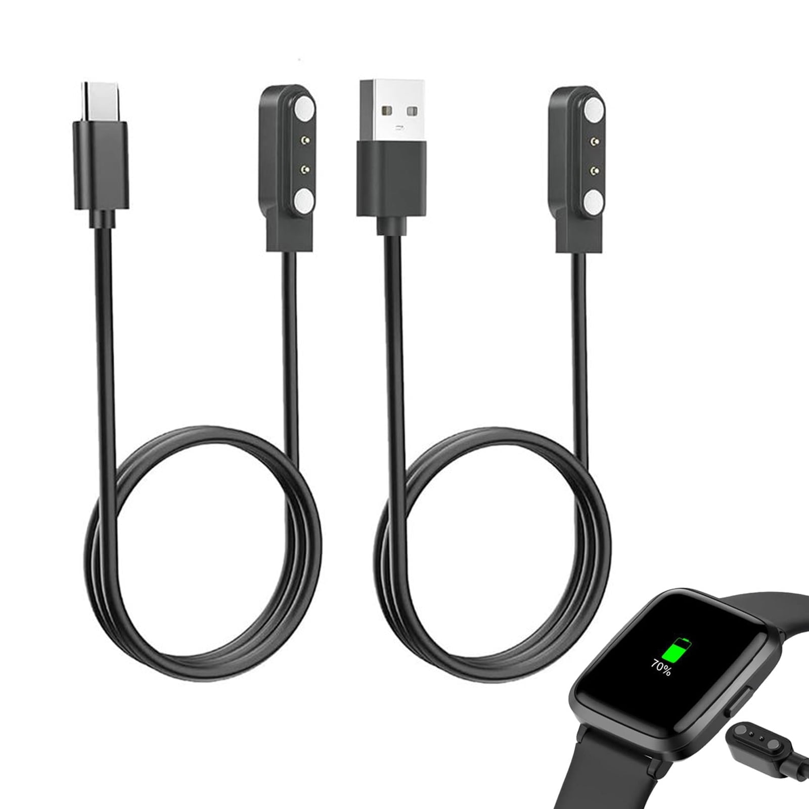 [2 Pack, USB-C+USB-A] Smart Watch Charger Compatible with GloryFit T80 T70 T60 T50 P99 P98, Charging Cable for TiklandT60/P98, PuqoT80, MatastT60/P99, uaueT60/T50 Smartwatch, Black