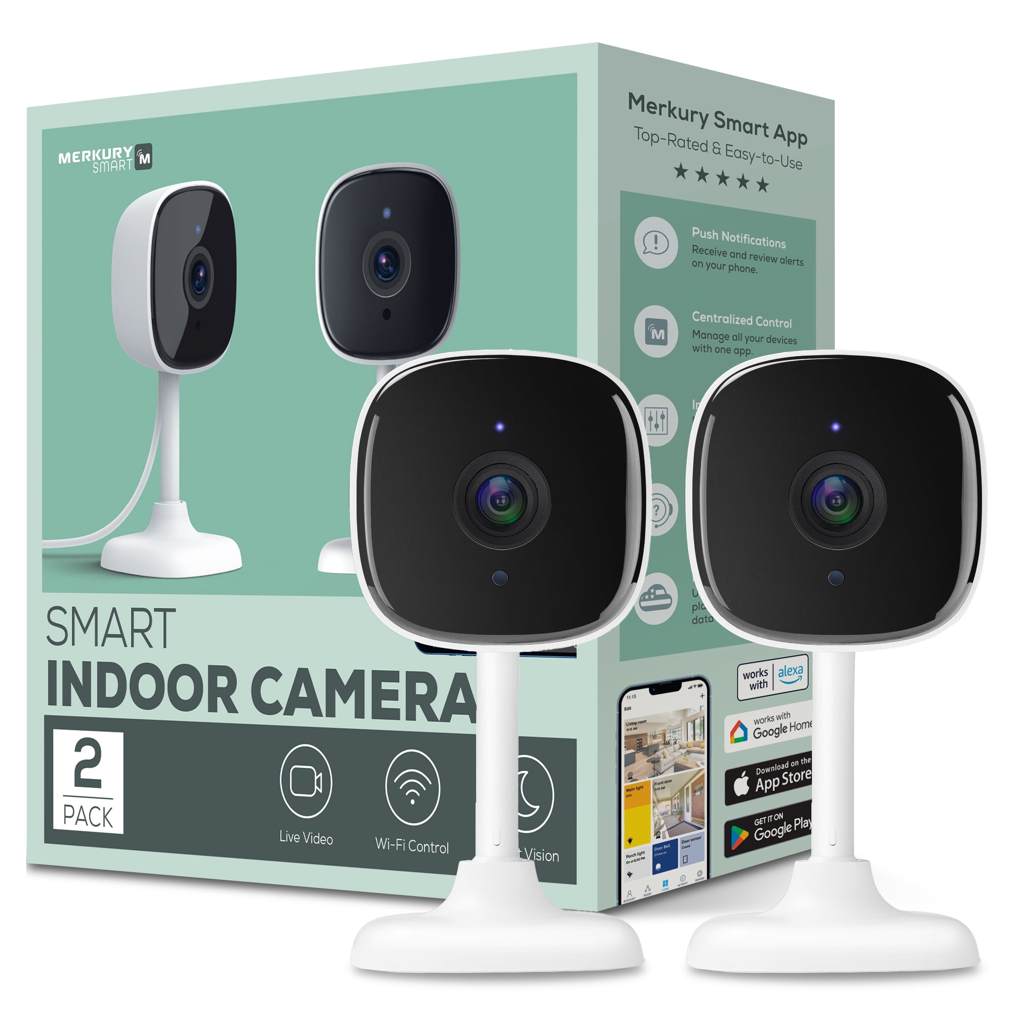 Merkury Smart Indoor Camera 1080p - Wi-Fi Security Cam with Night Vision, White (2-Pack)