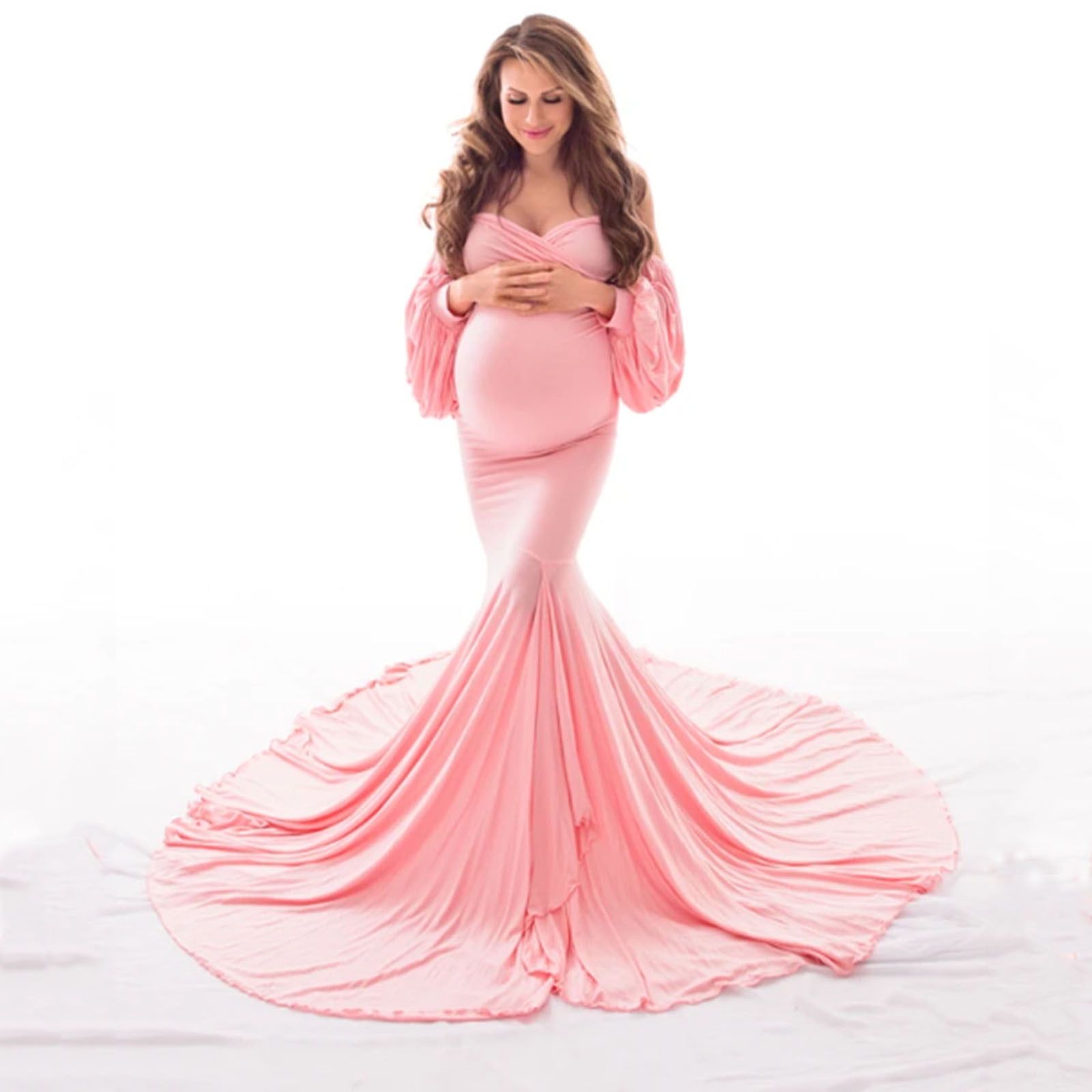 YUGYXL Long Tulle Maternity Dress for Photoshoot Off Shoulder Puff Long  Sleeve Evening Dress Floor Length Trailing Dress Ruched Sexy Bodycon Party  Maxi Dresses Today's Deals Pink