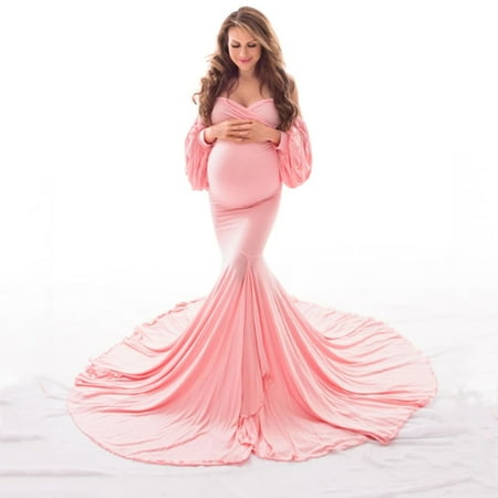 

Rewenti Women Pregnants Sexy Photography Props off Shoulder Long Maternity Dress Pink 8(L)