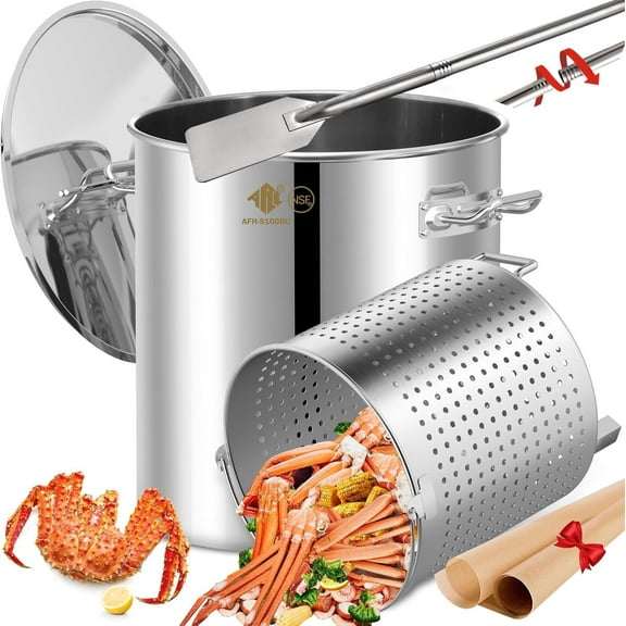 ARC 100-Quart Stainless Steel Seafood Boil Pot with Basket and 48 inch Large Mixing Paddle,Crawfish, Crab, Lobster, Shrimp Boil Stock Pot with Strainer,Turkey Fryer Pot,24 Gallon (48'' Paddle, 100 QT