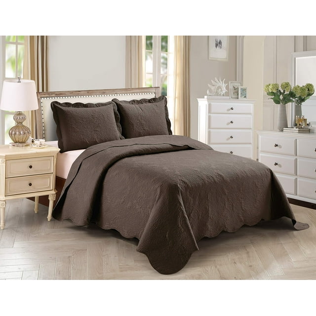 Home Collection 2Pc Twintwin Xl Over Size Elegant Embossed Bedspread Set Light Weight Solid Dark Brown New